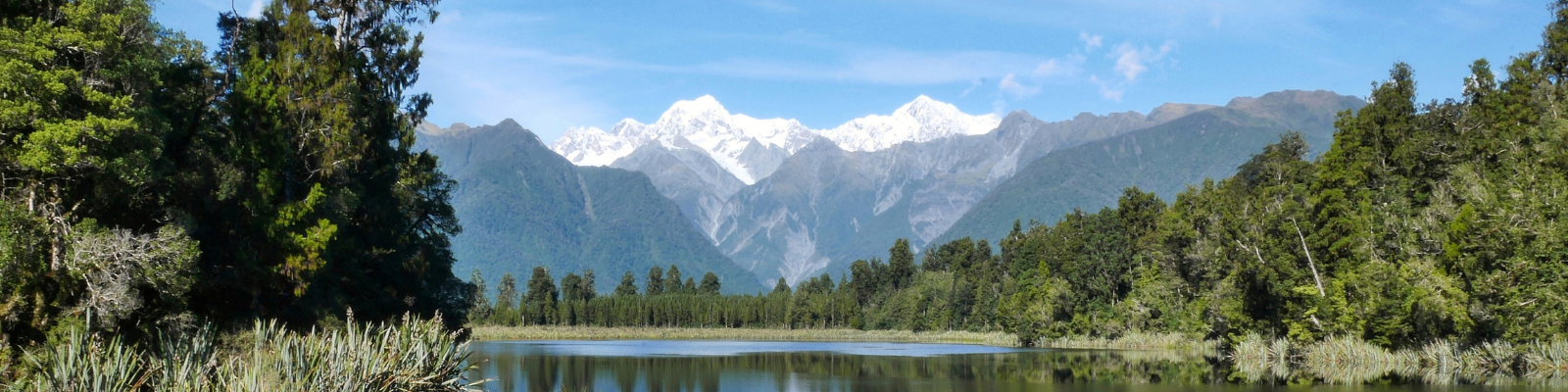 New Zealand landscape - lake surrounded by trees with mountains in the background