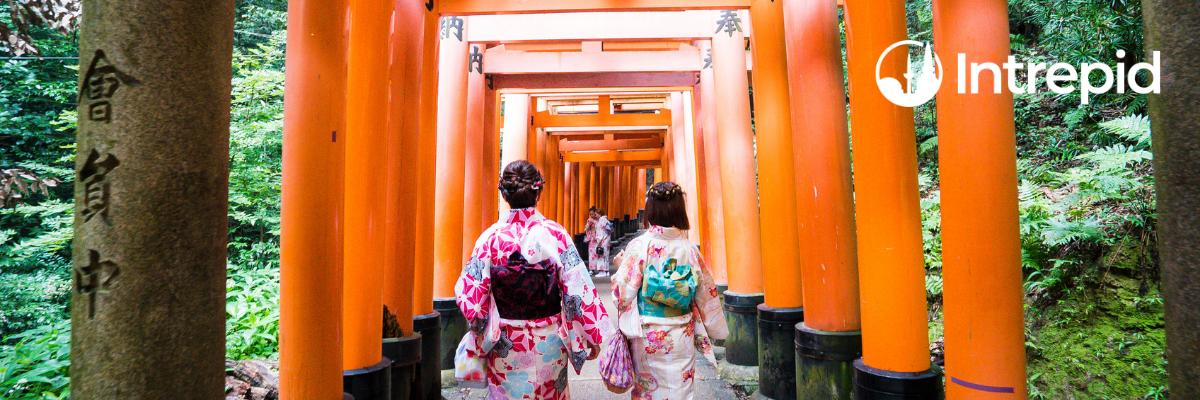 two women in kimonos walk through bright orange arches in Japan